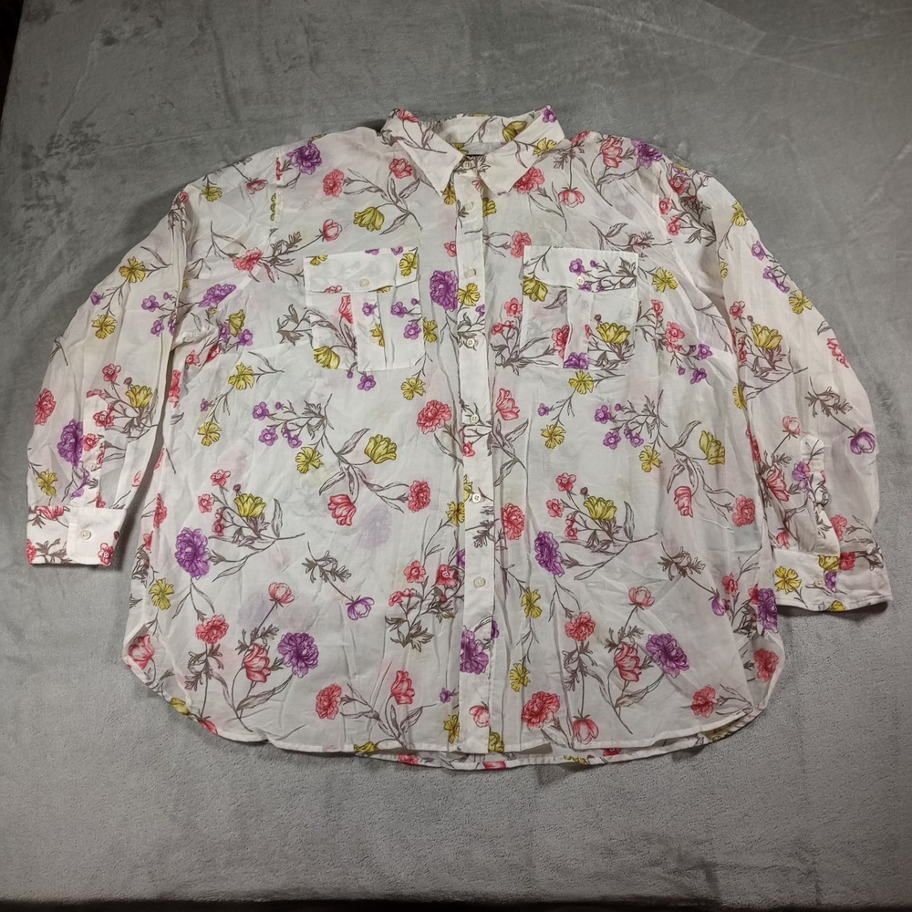 Lauren Ralph Lauren Floral Button Up Shirt Womens 3X White Cotton Blend Preppy